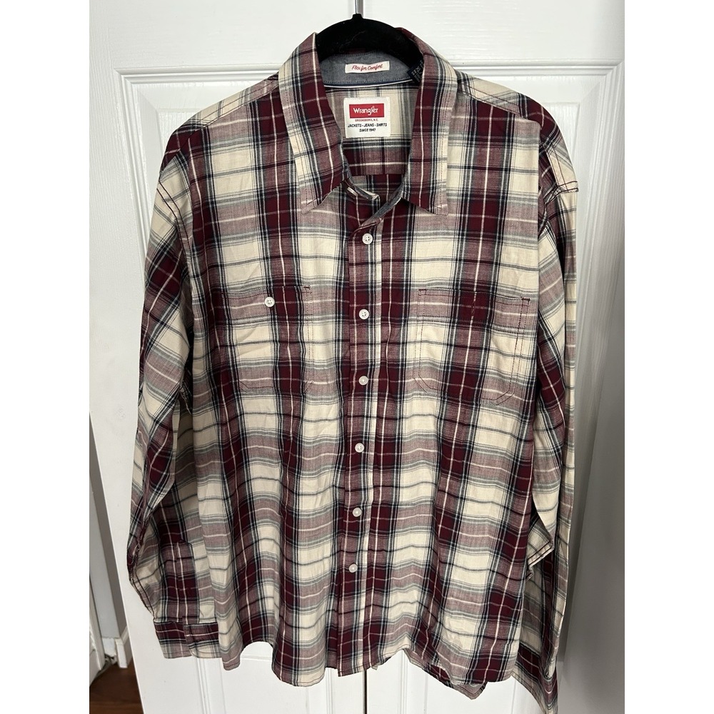 Wrangler Retro Men jean Shirt Maroon/Beigh Plaid Check Western Rodeo XL